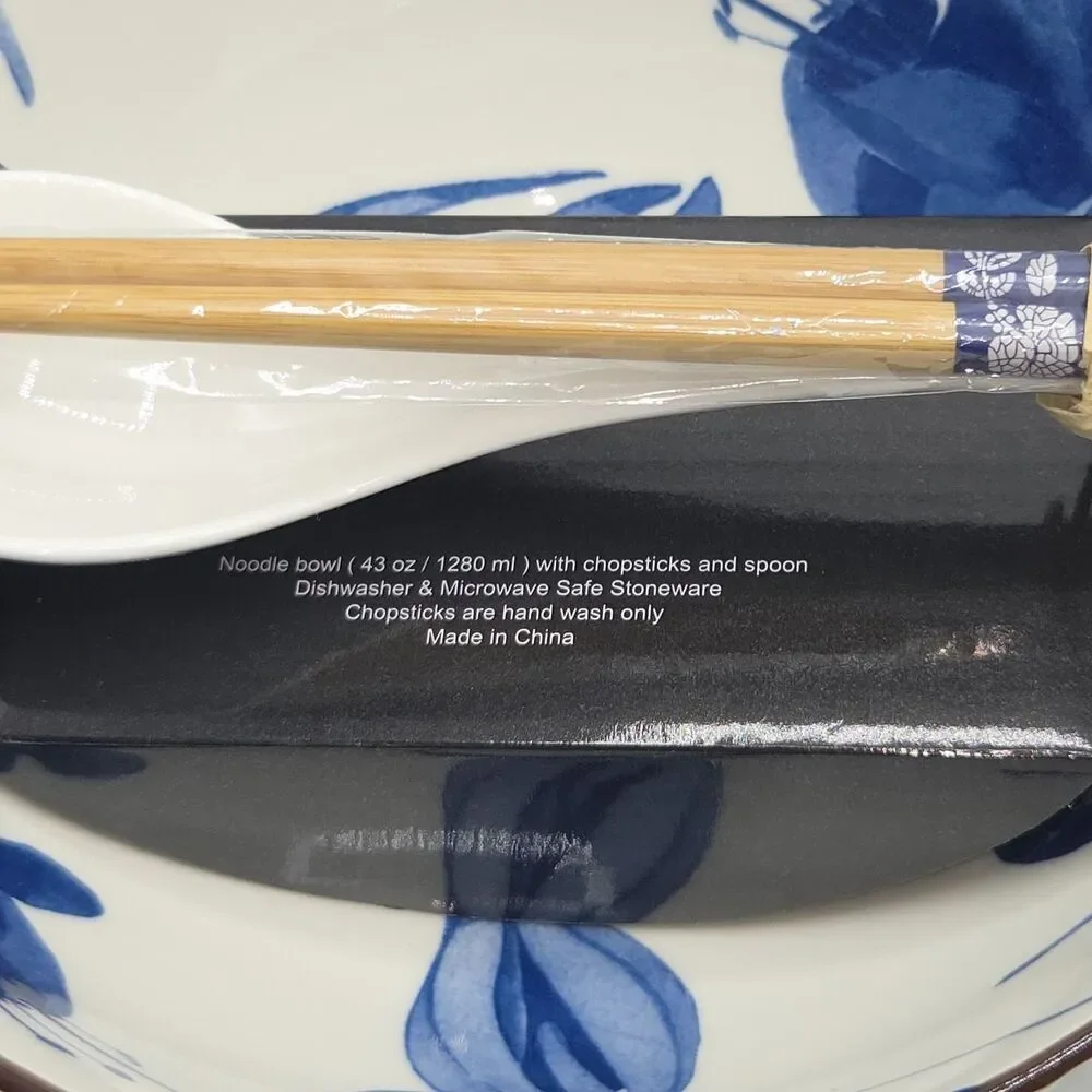 SH‎ Home 42oz Blue Ceramic Ramen Noodle Soup Bowl Chopsticks Spoon Floral Motifs